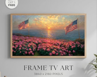 Patriotic Coastal Sunset Wall Art, American Flag Ocean Landscape, 4th of July Americana Decor, Independence Day Frame Samsung TV Art