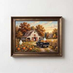 Niedliche Geister im Halloween-Bauernhaus | Gruseliges Kürbisfeld-Gemälde im Vintage-Stil | Herbstdeko im Landhausstil | Druckbare digitale Vorlage