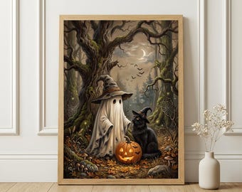 Cute Halloween Ghost Wall Art Printable, Black Cat Pumpkin Print, Whimsical Spooky Forest Decor, Cottagecore Halloween Art, Digital Download