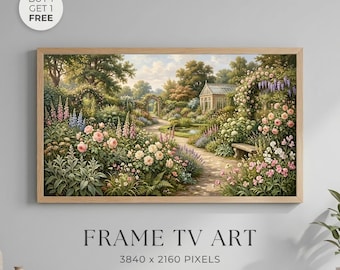 English Garden Wall Art Printable, Cottagecore Floral Landscape Painting, Romantic Frame TV Art, Vintage Botanical Decor