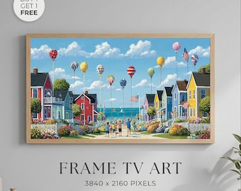 Patriotic Coastal Village Frame TV Art, Fourth of July Painting, Americana Beach Town Decor, Samsung Frame TV Art, Digital Download