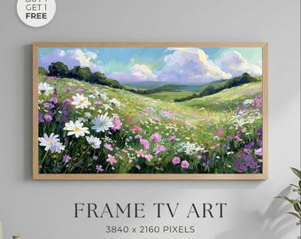 Cuadro decorativo para TV con diseño de pradera de flores silvestres, pintura floral de paisaje de montaña, estilo cottagecore neutro, descarga digital.