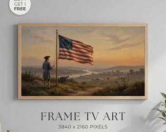 American Flag Vintage Wall Art Printable, Revolutionary War Landscape Painting Frame TV Art, Patriotic USA History Artwork, Colonial Decor