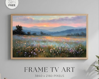 Pastel Wildflower Meadow Wall Art Printable, Impressionist Mountain Landscape Painting, Cottagecore Sunset Field Decor, Frame Samsung TV Art