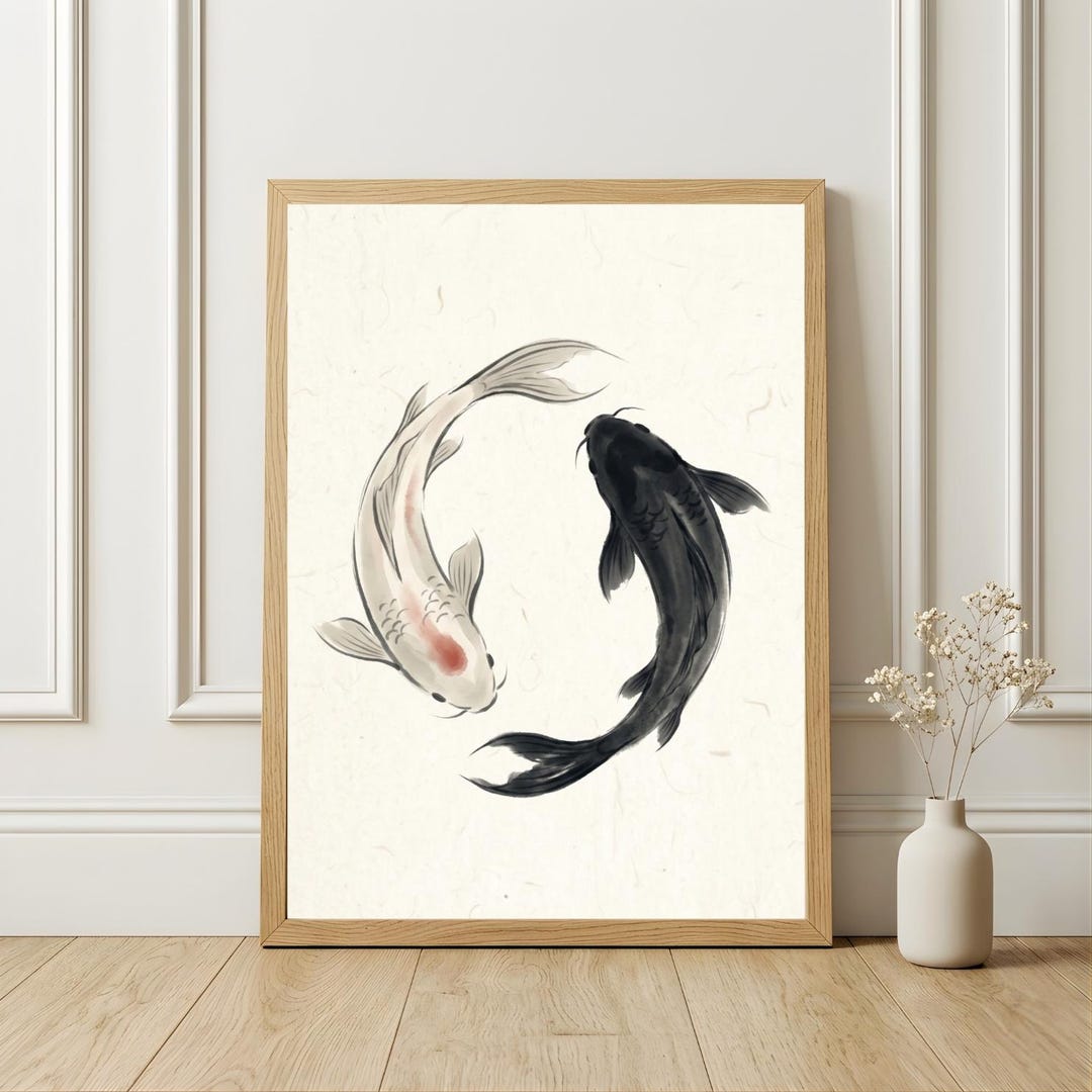 Koi Fish Yin Yang Wall Art Printable, Minimalist Japanese Ink Painting ...