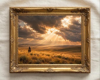 Western Cowboy Wall Art Printable, Sunset Prairie Landscape Print, Horseback Rider Artwork, Rustic Ranch Decor, Frame TV Art