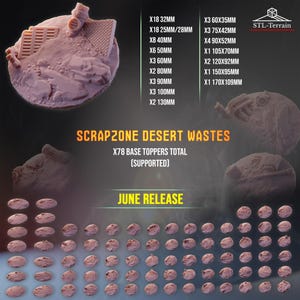 May include: A collection of 78 light purple resin miniature base toppers titled Scrapzone Desert Wastes. The set includes various circular and oval sizes ranging from 32mm to 170x109mm, featuring textured debris, grates, and pipes for tabletop gaming.