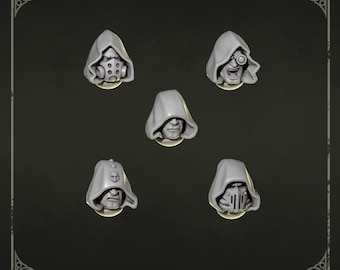 May include: A set of five grey miniature heads labeled Heads 7, each wearing a hood. The designs include a gas mask, a bionic eye, a plain face, a skull emblem on the hood, and a vertical grill face mask. The Greytide Studio logo is at the bottom.