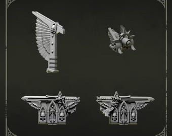 May include: A set of grey resin miniature motorbike decoration parts featuring gothic architectural elements, winged motifs, and skull details. The collection includes a tall winged piece, a small engine component, and two rectangular side panels with arched windows.