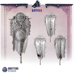 May include: A set of four grey miniature banners featuring a central wolf emblem surrounded by runic text, decorative circular medallions, and skull accents. The banners are mounted on vertical poles with tattered fabric edges and rope details.