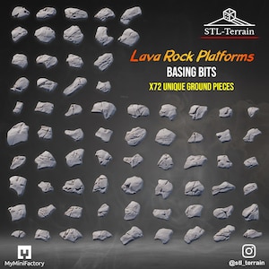 May include: A collection of 72 light gray lava rock platforms for basing bits, featuring various irregular shapes and cracked textures. The image includes the text STL-Terrain, Lava Rock Platforms, BASING BITS, and X72 UNIQUE GROUND PIECES.