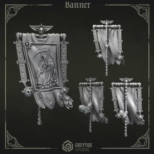 May include: A set of grey miniature banners featuring a central grim reaper figure holding a scythe, surrounded by skulls. The banners are adorned with winged motifs, swords, and skull accents, topped with a winged emblem and mounted on poles.