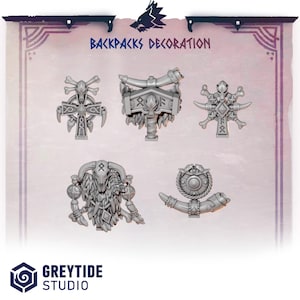 May include: Five grey miniature backpack decorations featuring intricate designs including skulls, bones, horns, and runic symbols. The set is labeled BACKPACKS DECORATION at the top and includes a Greytide Studio logo at the bottom left corner.
