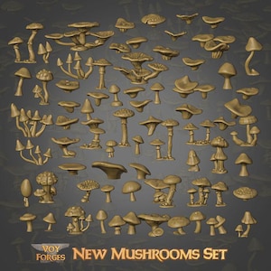 Puede incluir: Una colección de modelos de setas de color beige en diferentes formas y tamaños. La imagen incluye una variedad de tipos de setas, desde champiñones pequeños hasta hongos más grandes y complejos. El texto "NEW MUSHROOMS SET" es visible en la parte inferior.