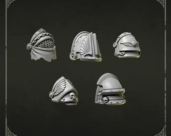 May include: A set of five grey miniature shoulder pads featuring distinct designs including chainmail, wing motifs, and skull emblems. The text Shoulderpads 3 is visible at the top, and the Greytide Studio logo is at the bottom of the frame.