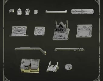 May include: A collection of grey miniature plastic vehicle upgrade parts labeled Vehicle bits. The set includes various rectangular panels with embossed winged skull motifs, cylindrical pipes, a small shrine-like structure, and mechanical components.