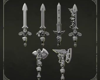 May include: A collection of four grey miniature swords and two grey miniature axes with intricate details, including skull motifs and flame designs. The text "Swords and axes" appears at the top, and "GREYTIDE STUDIO" is at the bottom.