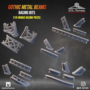 May include: A collection of 19 gray resin miniature basing bits labeled Gothic Metal Beams. The set includes various structural components like broken cross-braced frames, straight beams with skull motifs, and angled supports for tabletop gaming.