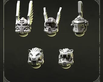 May include: Five miniature grey resin helmet heads labeled Heads 4. Three helmets feature tall wings and skull motifs, while two helmets are designed with lion head features. The set includes detailed visor and grill elements on each piece.