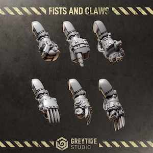 Könnte beinhalten: Ein Set aus sechs grauen Miniatur-Roboterarmen mit verschiedenen Handkonfigurationen, darunter geballte Fäuste, zeigende Finger und scharfe Krallen. Der Text FISTS AND CLAWS steht oben und das GREYTIDE STUDIO Logo unten im Bild.