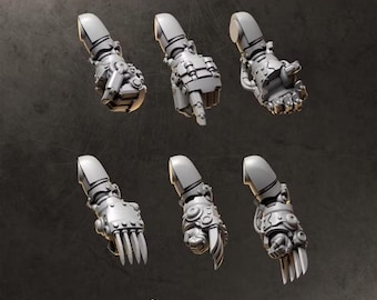 May include: A set of six grey miniature robotic arms with various hand configurations, including clenched fists, pointing fingers, and sharp claws. The text FISTS AND CLAWS is at the top, and the GREYTIDE STUDIO logo is at the bottom of the image.