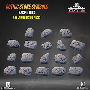May include: Eighteen grey stone basing bits featuring various embossed symbols including skulls, wings, and floral patterns. The text GOTHIC STONE SYMBOLS BASING BITS X18 UNIQUE BASING PIECES is displayed at the top of the image with brand logos.