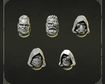 May include: A set of five grey miniature heads labeled Heads 1 and Greytide Studio. The collection includes one bare head with a short haircut, one bearded head with a monocle, and three hooded heads featuring various masks, goggles, and ocular implants.