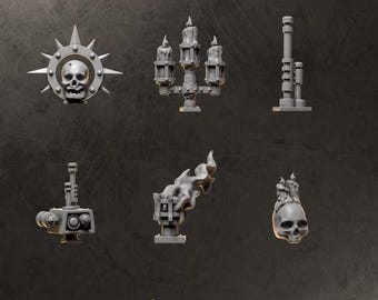 May include: A collection of six grey miniature resin backpack decorations labeled BACKPACKS DECORATION. The set includes a skull with a spiked halo, a three-candle candelabra, a vertical pipe, a mechanical sensor unit, a flaming torch, and a skull with candles.