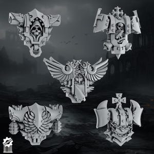 May include: A set of five grey resin miniature backpack components for tabletop gaming figures. Each piece features intricate details including skulls, wings, crosses, chains, and mechanical vents, designed as modular upgrades for sci-fi wargaming models.