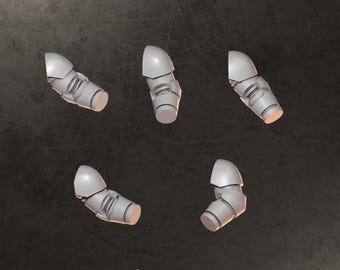 May include: Five light gray miniature robotic arm components arranged on a dark surface. Each arm features a rounded shoulder piece, a segmented elbow joint, and a cylindrical forearm section. The text ARMS is at the top and GREYTIDE STUDIO at the bottom.