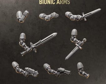 May include: A collection of grey miniature bionic arms with various poses, including clenched fists, open hands, and arms holding swords or futuristic pistols. The text ARM POSES AND BIONIC ARMS and GREYTIDE STUDIO is visible on the dark background.