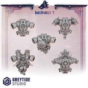 May include: A set of five grey miniature backpacks labelled BACKPAKS 1. Each piece features intricate sculpted details including wolf heads, braided patterns, circular vents, and geometric symbols. The items are rendered in a neutral matte grey finish.