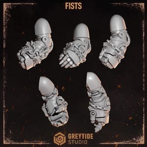 May include: Five grey miniature robotic arm components labelled FISTS at the top and GREYTIDE STUDIO at the bottom. Each arm features a rounded shoulder pad, mechanical joints, and a heavy armoured fist adorned with sculpted chain details and rivets.