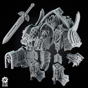 May include: A grey resin miniature kit featuring a large armored torso with gothic arches, a winged chest plate, a skull-adorned sword, a heavy cannon, and various ornate shoulder and leg armor components. The Wargamesprint logo is visible in the corner.