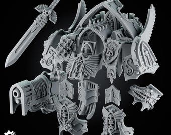 Op de afbeelding: Een grijze hars miniatuurset met een grote gepantserde romp met gotische bogen, een gevleugelde borstplaat, een zwaard versierd met een schedel, een zwaar kanon en diverse onderdelen voor schouder- en beenharnas. Het Wargamesprint-logo is zichtbaar in de hoek.