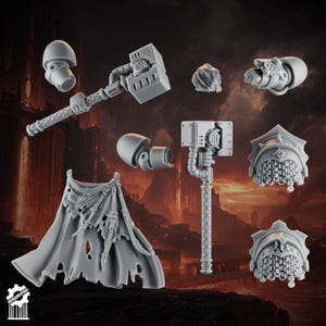 May include: A set of grey resin miniature components including two large hammers with textured handles, a tattered cape with skeletal detailing, two ornate shoulder pauldrons with chainmail accents, two rounded shoulder pads, and a helmeted head.