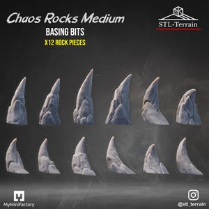 Può includere: Un set di dodici pezzi di roccia di medie dimensioni per basette, etichettati come Chaos Rocks Medium. La collezione presenta varie formazioni rocciose appuntite e frastagliate con superfici strutturate, disposte su due file.