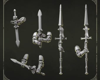 May include: A set of miniature grey plastic gaming components featuring two-handed swords and spears held by armored gauntlets. The swords include winged skull crossguards, while the spears feature pointed tips and decorative tassels. Text reads Two handed swords and spears and Greytide Studio.