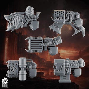 May include: A set of five grey resin miniature weapon components. The pieces feature intricate mechanical details, including a dragon-head design, a block with the Roman numeral XVIII, a ribbed barrel, a double-arrow symbol, and flame-like motifs.