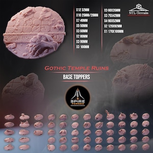 Op de afbeelding: Een collectie lichtroze hars miniatuur basis-toppers met gotische tempelruïnes, adelaarmotieven en zeshoekige vloerpatronen. De tekst bevat Gothic Temple Ruins Base Toppers, Spire Forged en een lijst met maten van 25mm tot 170x109mm.