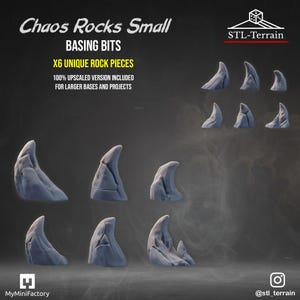以下が含まれることがあります： Chaos Rocks Small Basing Bitsとラベル付けされた灰色のミニチュア岩パーツのセット。6つのユニークな岩パーツと、より大きなプロジェクト用の拡大版が含まれていることを示すテキストがあります。ギザギザした尖った石の形状が特徴です。