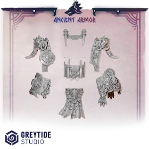 Puede incluir: Un conjunto de seis componentes de armadura en miniatura de resina gris etiquetados como Ancient Armor. Las piezas incluyen hombreras con motivos de lobo, una placa pectoral con colmillos, una capa con textura de piel y placas con grabados rúnicos.