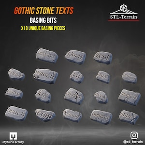May include: Eighteen grey stone basing bits featuring carved gothic text including words like Repent, Glory, Zeal, Wrath, Lux, Vigilant, Mortis, Death, Honour, and Domina. These miniature rectangular stone pieces have weathered, cracked textures.