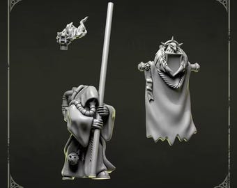 May include: A grey resin miniature figure of a hooded servitor holding a long staff, accompanied by a separate banner piece featuring an eagle crest and a small flame-like attachment. The text Servitor and Greytide Studio are visible.