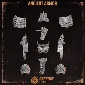 May include: A collection of grey miniature resin armour components labelled ANCIENT ARMOR and GREYTIDE STUDIO. The set includes shoulder pads, chest plates, and decorative pieces featuring sculpted skulls, chains, and skeletal motifs on a dark background.
