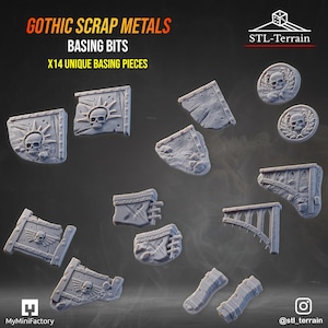 Puede incluir: Catorce piezas de resina gris para bases con diseños de chatarra gótica, incluyendo motivos de calaveras, fragmentos arquitectónicos arqueados y medallones circulares. El texto GOTHIC SCRAP METALS BASING BITS X14 UNIQUE BASING PIECES es visible.