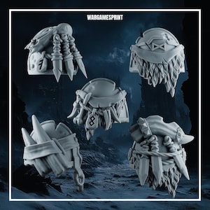 May include: Five grey miniature shoulder pads labeled WARGAMESPRINT, each featuring distinct sculpted details including fur textures, hanging daggers, bone-like ornaments, and engraved runic symbols on the curved armor plating surfaces.