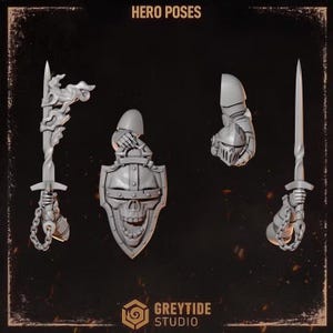 May include: A set of grey miniature gaming components labelled HERO POSES and GREYTIDE STUDIO. The pieces include a sword with flame-like details, a skull-shaped shield, a helmeted head, and a sword held by a gauntlet with a hanging chain.