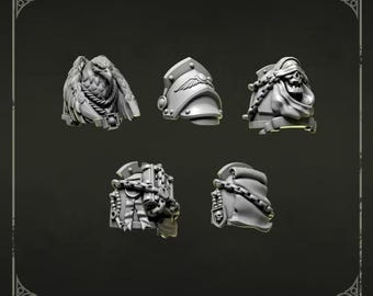 May include: A set of five grey miniature shoulder pads featuring detailed relief designs including an eagle, a winged emblem, a hooded skull, a scroll with chains, and a skull icon. The text Shoulderpads 2 and Greytide Studio is visible.