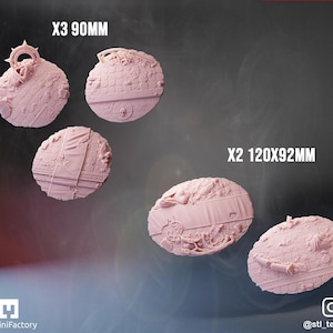 May include: Pink, circular terrain pieces for miniature gaming. The image shows five pieces, three at 90mm and two at 120x92mm. The pieces have detailed, textured surfaces with architectural and decorative elements. The text "MyMiniFactory" is visible.